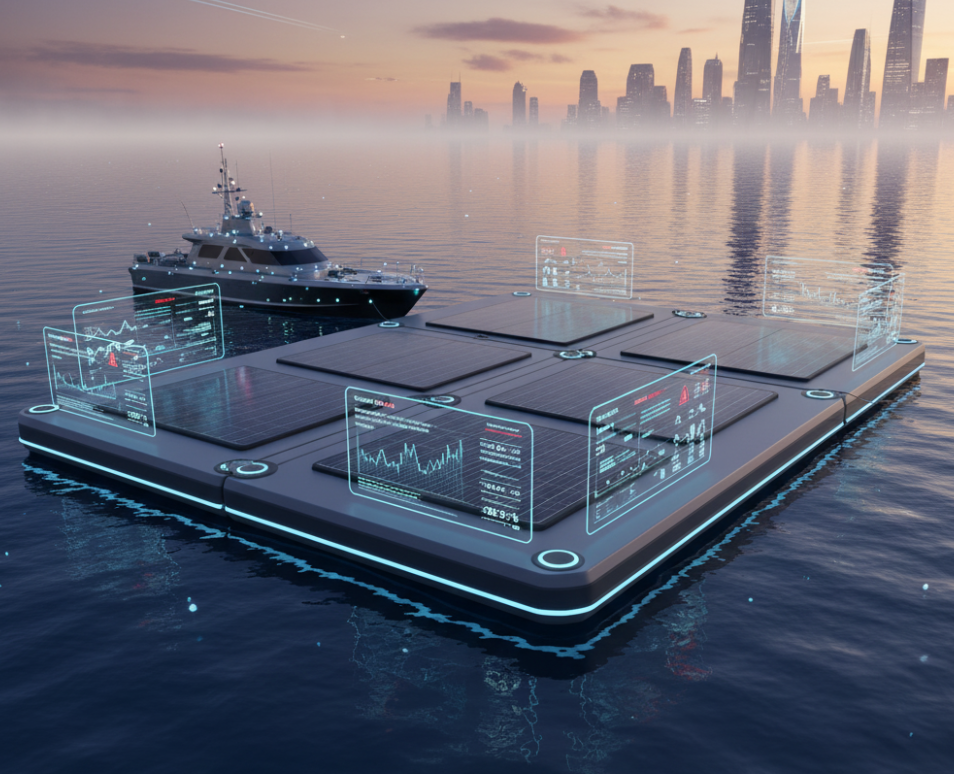 Futuristic industrial-grade inflatable dock with smart sensors