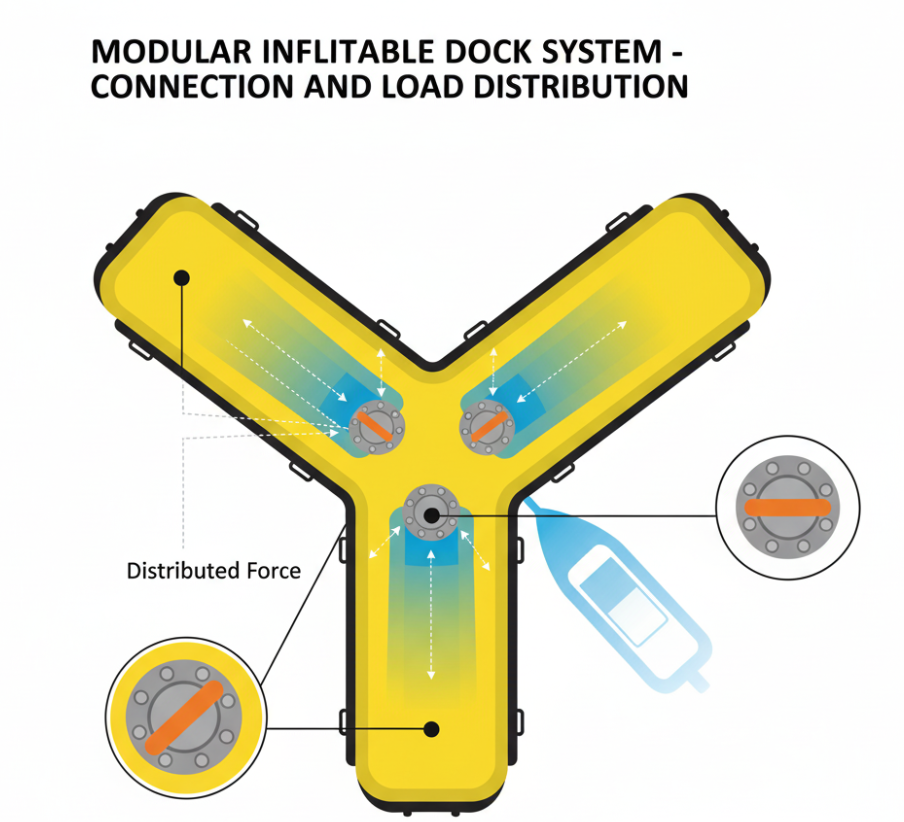 Technical diagram showing modular connection and weight distribution of inflatable dock