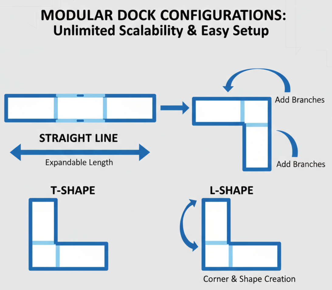 Diagram showing the modular and scalable configurations of an inflatable floating dock for expanding marina space
