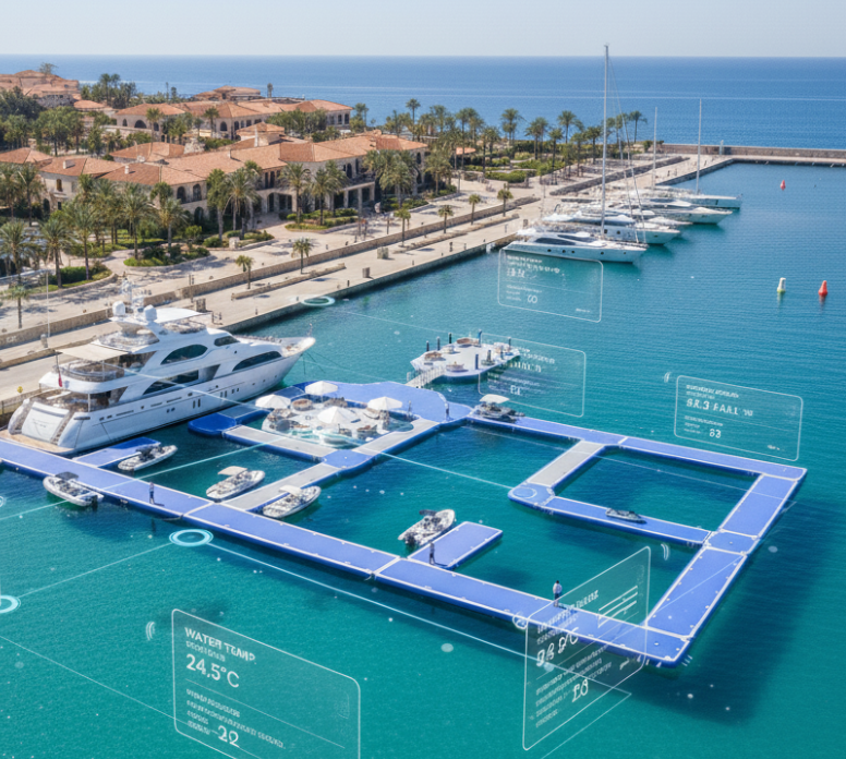 Conceptual image of inflatable jetties with IoT sensors, digital interface overlay