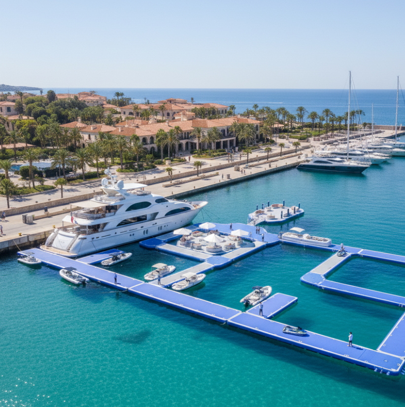 Inflatable jetties used in luxury yacht club events and regattas