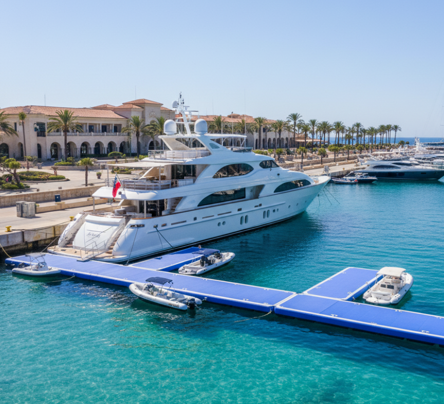 Luxury yacht docked at a blue inflatable jetty, showcasing modern marina solutions