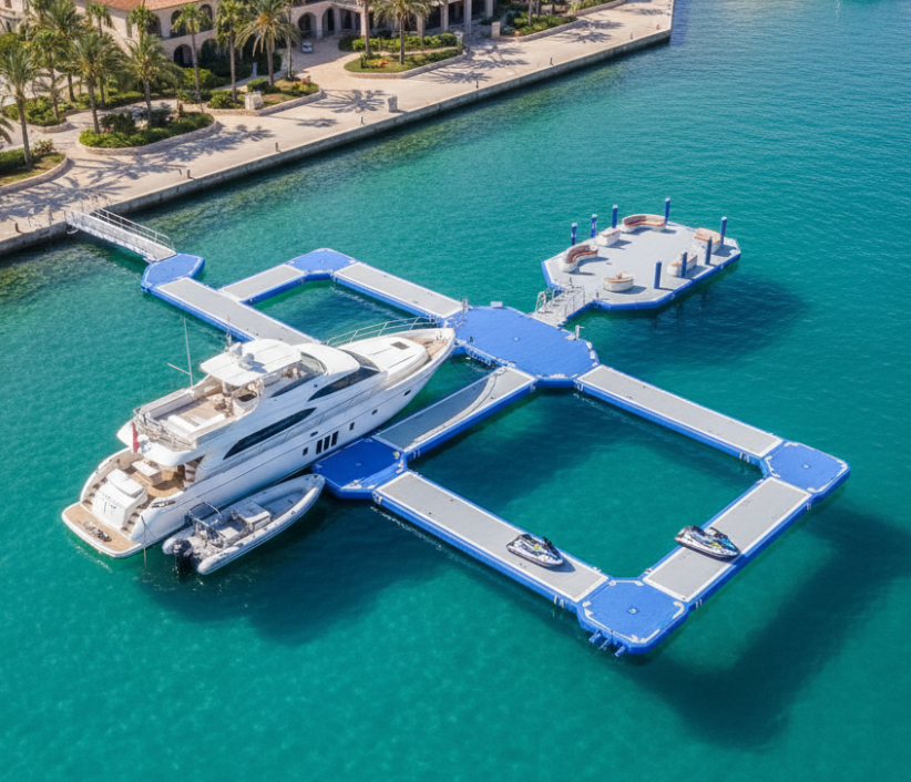 Modular inflatable jetties accommodating yachts, tenders, and jet skis in a marina