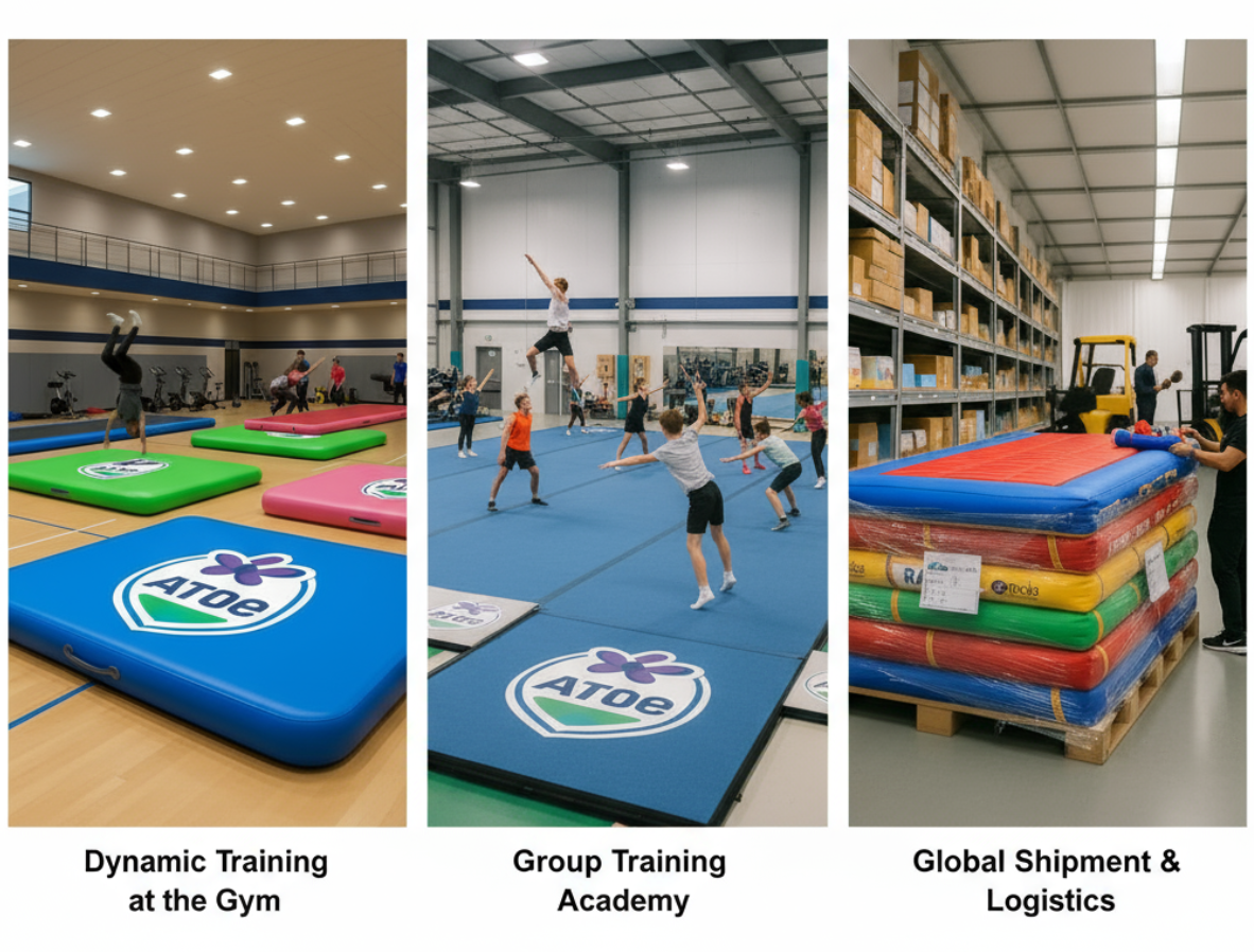 Custom air track mats used in gyms, training academies, and for global distribution