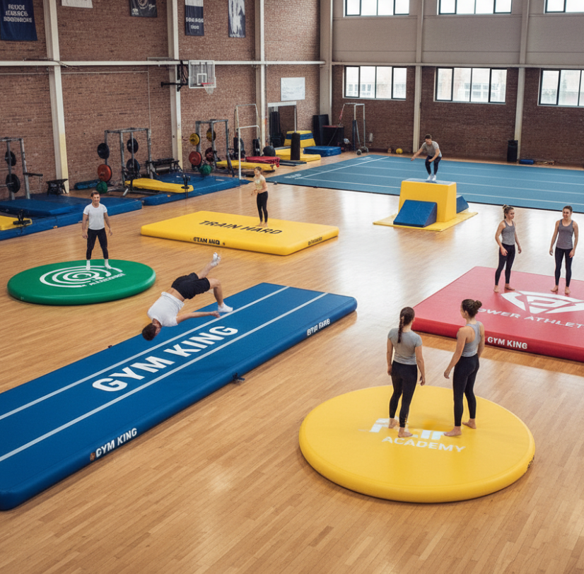 Custom air track mats with logo branding in a professional gym setting