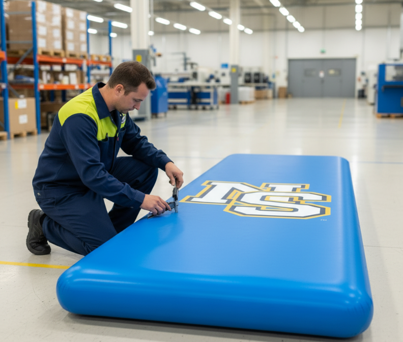 Quality control check of air track mats in manufacturing facility