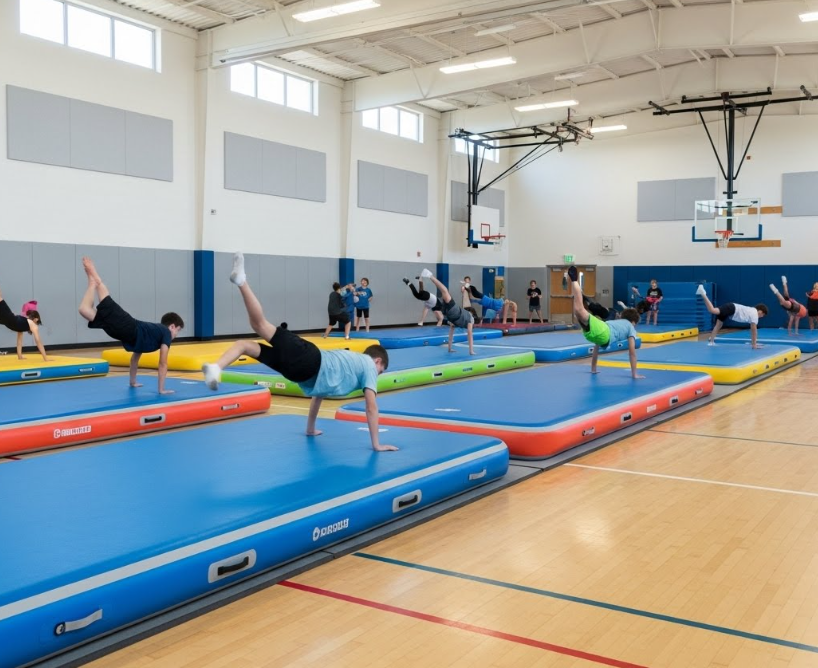 Students using air track mats in a gym for gymnastics training