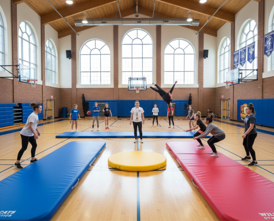 tudents practicing gymnastics on air track mats in a school gym