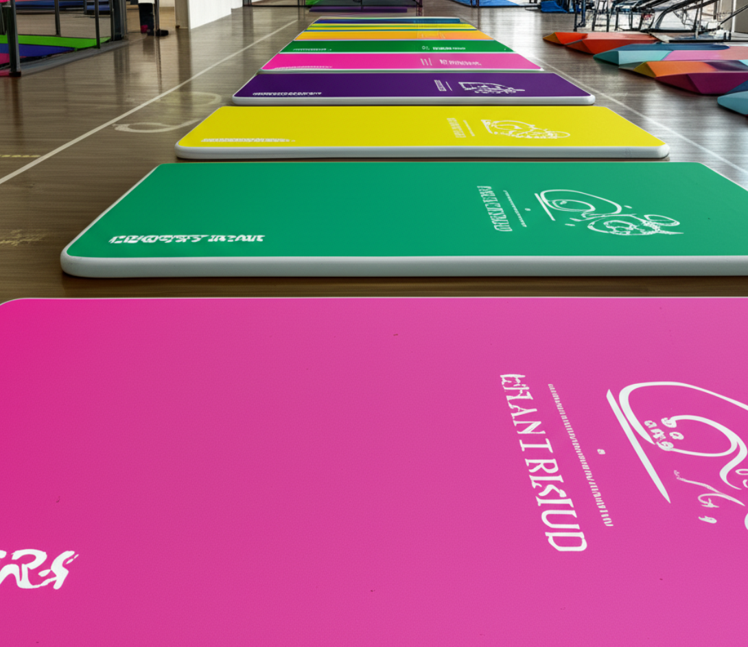 Custom tumble air track mats showcasing gym branding and tailored sizes