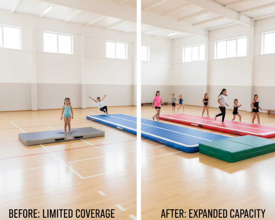 Gym expansion and improved training efficiency with tumble track mats
