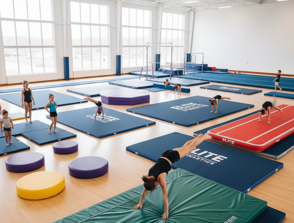 Professional gym setting with multiple mat setups and active athletes