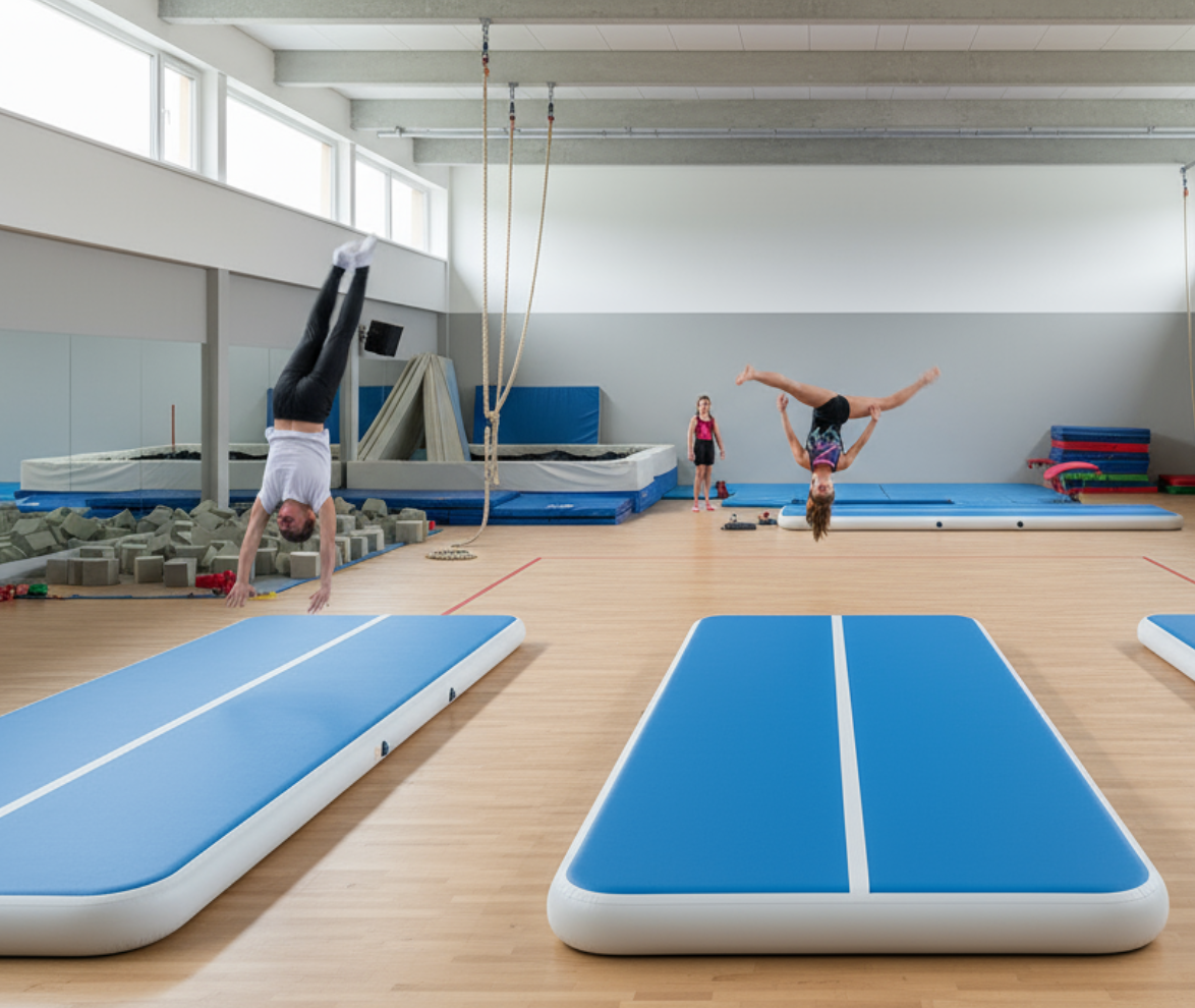 Tumble air track mats in a professional gym increasing training capacity
