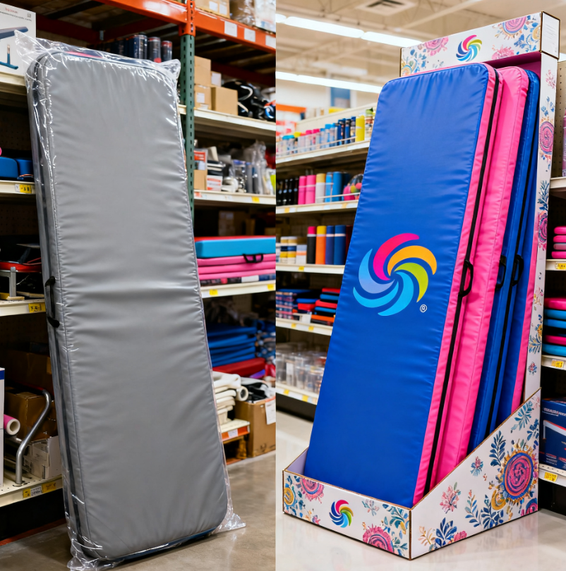 Private label customization comparison showing generic vs branded wholesale inflatable gymnastic mats