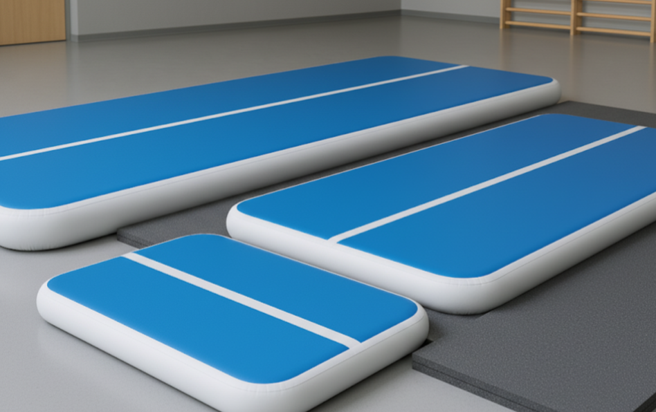 Close-up of air track gym mats with various thickness options, comparing them to traditional foam mats for better performance and durability.