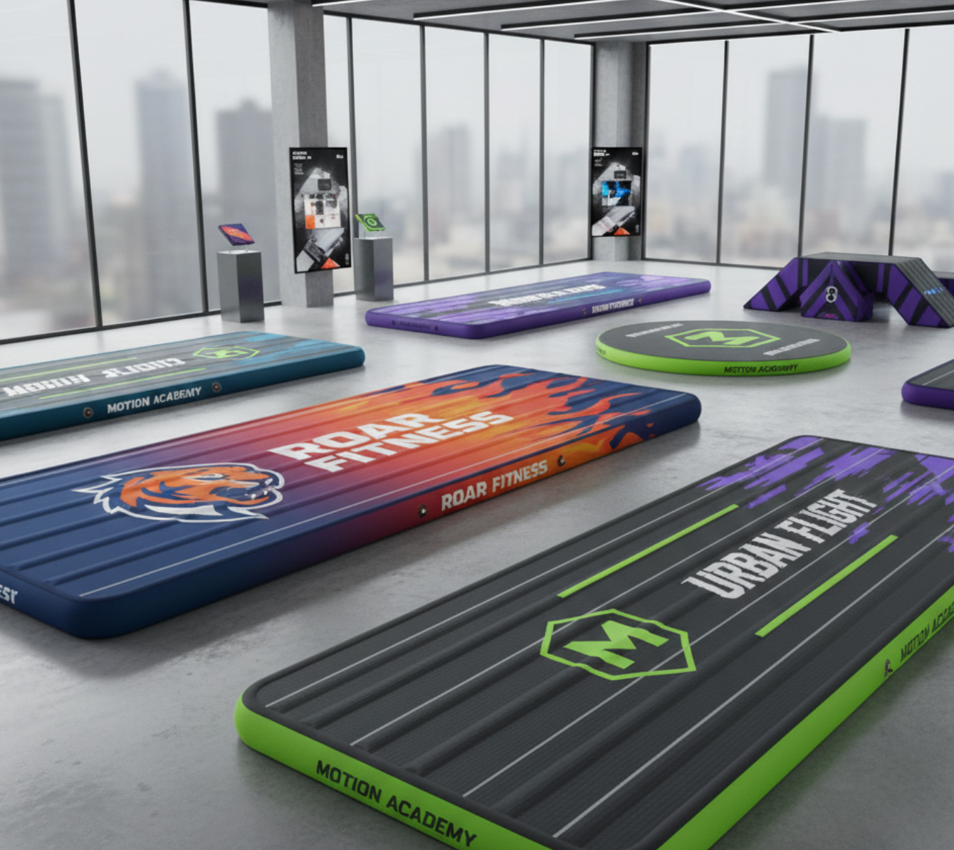 Customized air track gym mats with logos and brand colors, designed for educational or commercial facilities