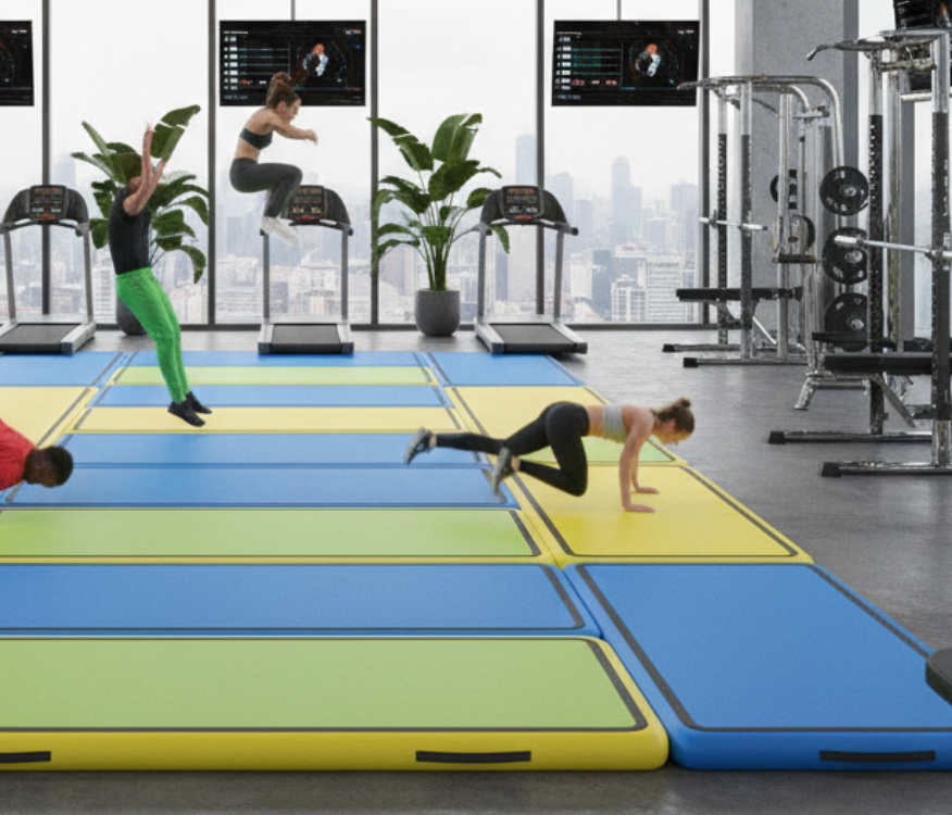 Athletes using air track gym mats in a commercial gym, demonstrating the benefits of safety, performance, and comfort
