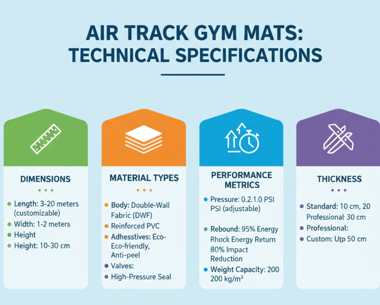 Infographic showing the technical specifications of air track gym mats including material, thickness, and key performance data