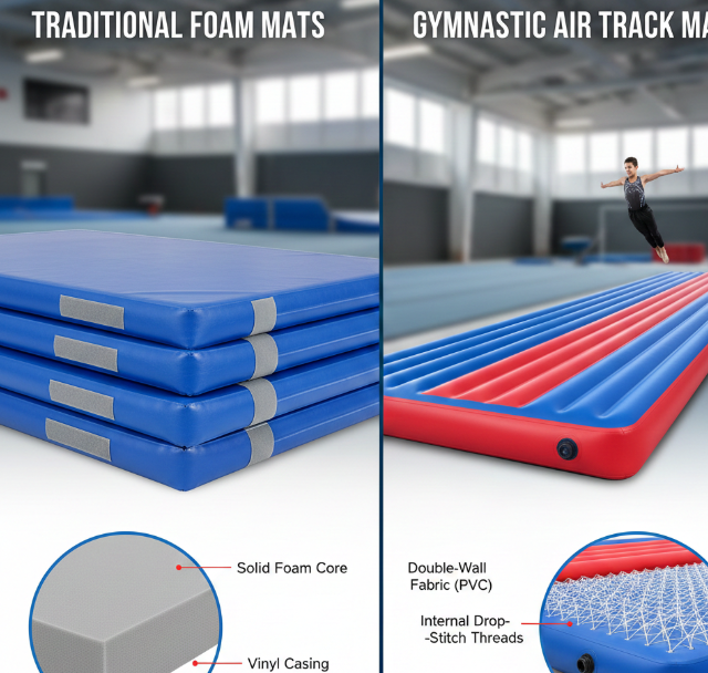 Comparison between gymnastic blow-up mats and traditional foam mats, showing the benefits of inflatable mats