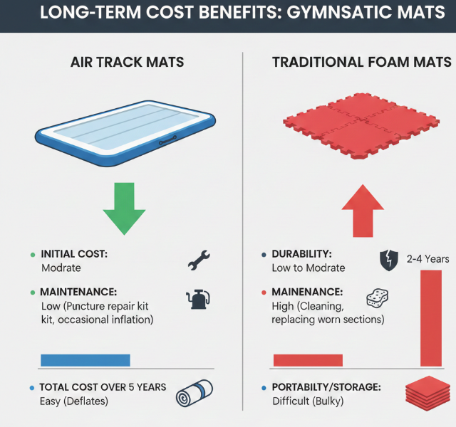 Cost-benefit analysis of gymnastic blow-up mats vs. traditional foam mats for commercial facilities.