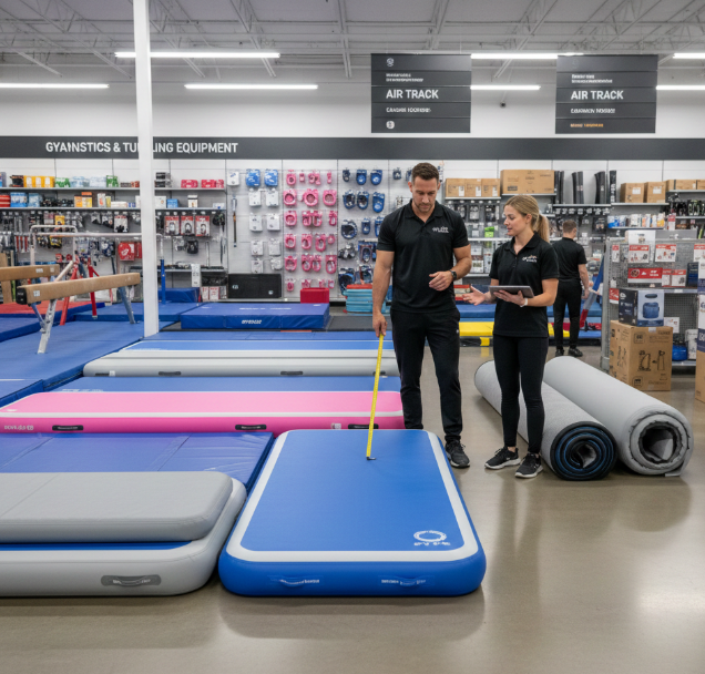 Gym manager assessing the quality, size, and features of gymnastic blow-up mats to fit training needs.