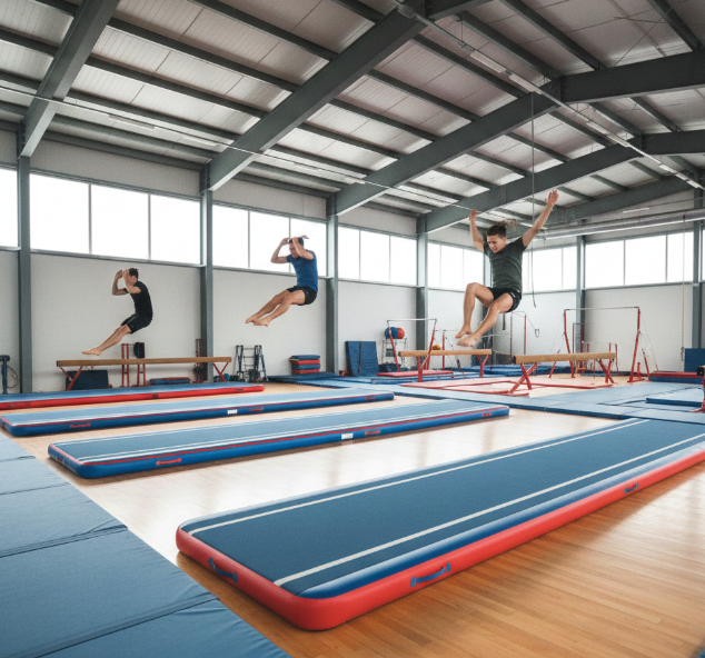 Gymnastic blow-up mats in use at a commercial training facility, enhancing athlete safety and performance