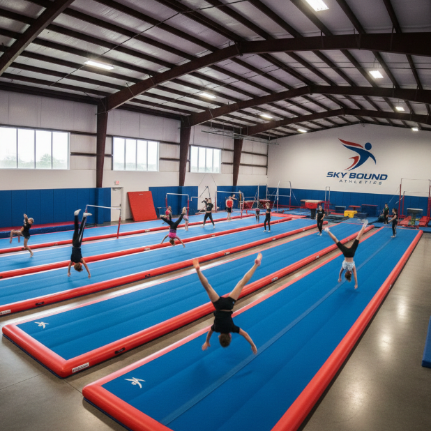A modern training facility equipped with multiple air track inflatable mats, used by athletes for various sports.