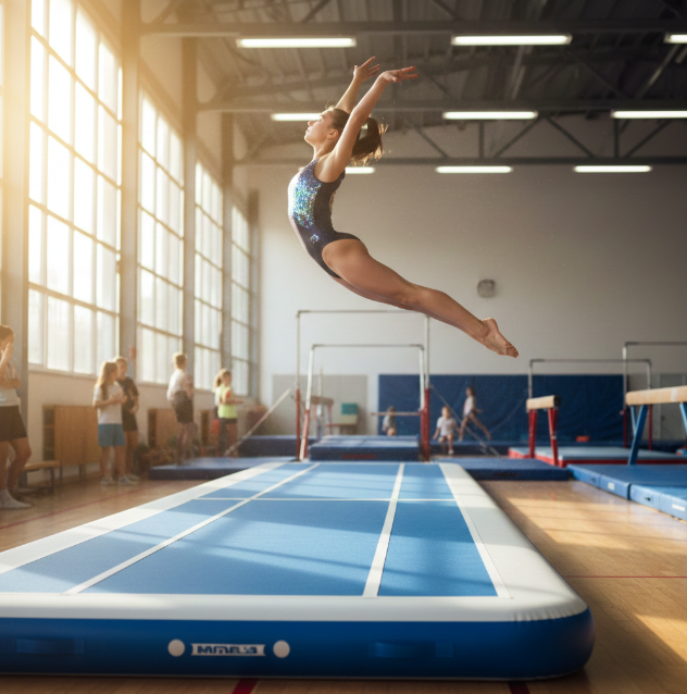 Gymnast performing a high leap on an air track inflatable mat, showcasing its bounce and flexibility