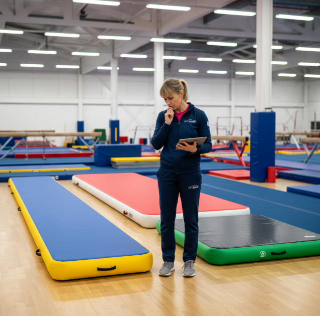 A facility manager comparing various sizes of air track inflatable mats to choose the best fit for the space