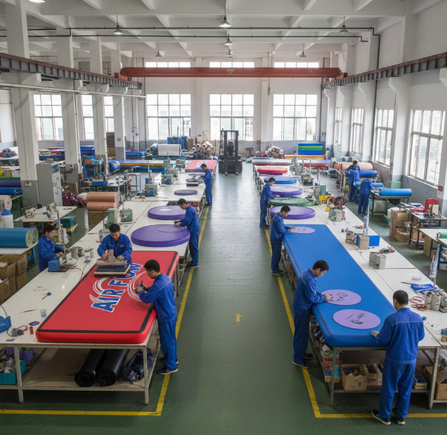 Factory workers customizing air track inflatable mats, adjusting sizes, and adding branding logos.