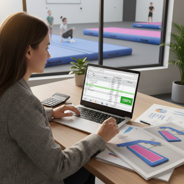 Business owner calculating savings and return on investment from purchasing air track inflatable mats.