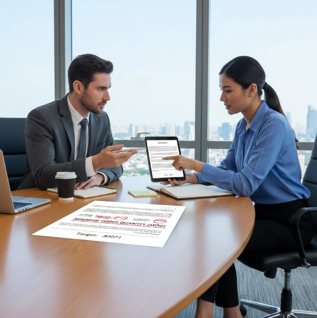 Buyer negotiating with a supplier on MOQ terms for inflatable gymnastics mats