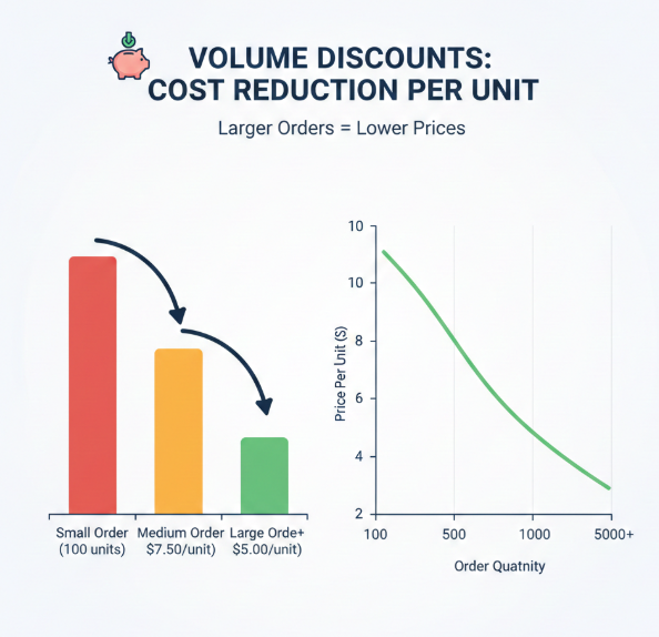 Cost breakdown chart showing how larger orders of inflatable gymnastics mats reduce per-unit costs.