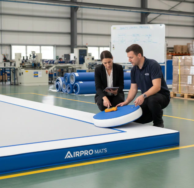 B2B buyer reviewing inflatable gymnastics mats with the supplier for quality checks