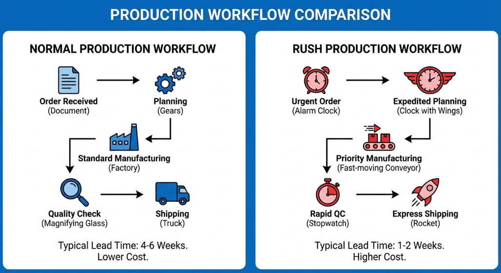 Infographic comparing standard vs rush production for inflatable gymnastics mats