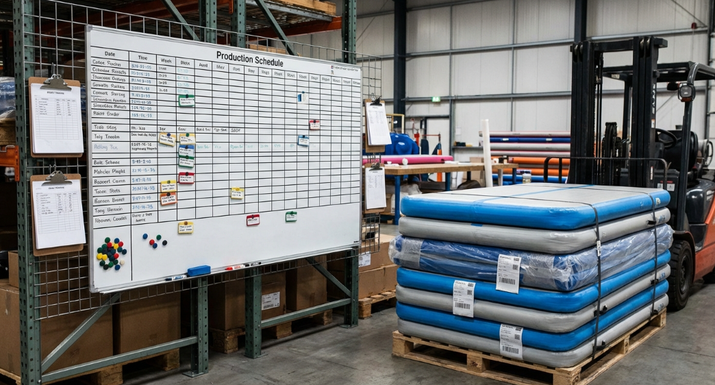 Inflatable gymnastics mat factory production schedule and on-time delivery planning	