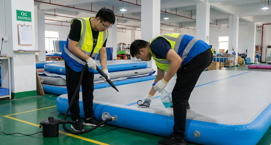 Quality control inspection for inflatable gymnastics mats in Chinese factory