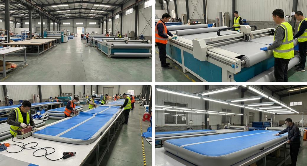 Inflatable gymnastics mat production capacity and factory workflow	