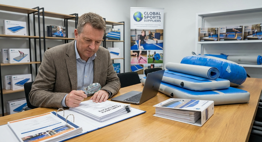 B2B buyer reviewing compliance documents for inflatable gymnastics mats