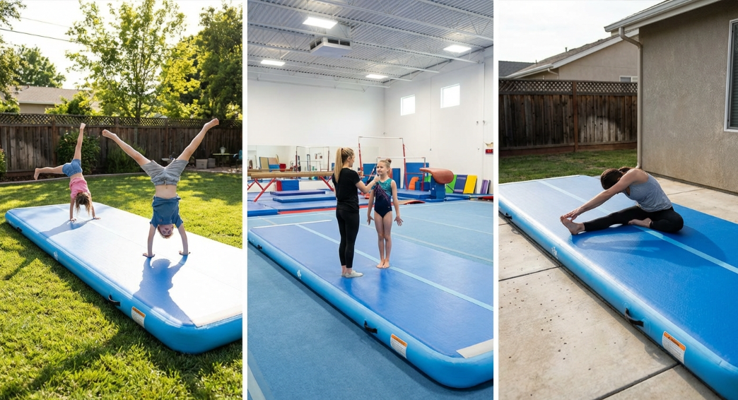 Air track mats used on grass concrete and indoor surfaces
