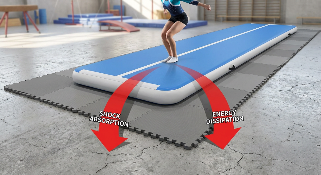 Using air tracks on concrete with foam mats for protection
