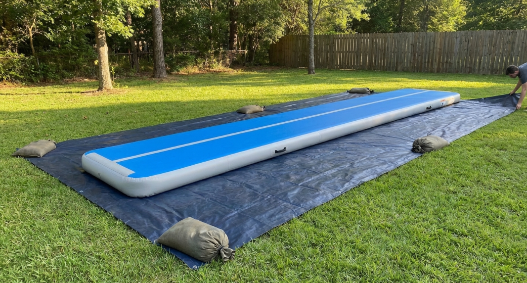 Using air tracks safely on grass with tarp and anchors