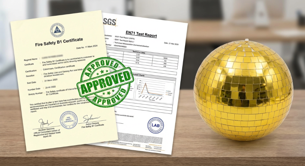 Fire safety B1 and EN71 compliance certificates for event inflatables.