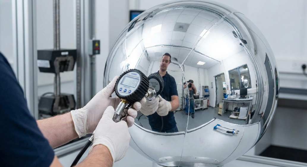 Testing air pressure and valve quality on a golden sample mirror ball.