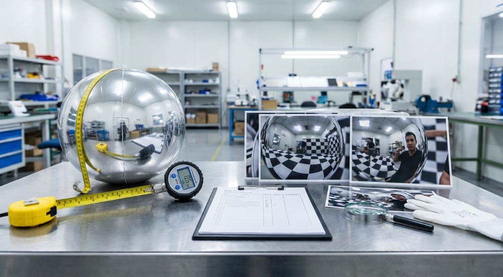 QC documentation collage&mdash;tape measure on inflated sphere, pressure gauge reading, close-up reflection shots; high detail, neutral lighting, 85mm lens, clean factory desk