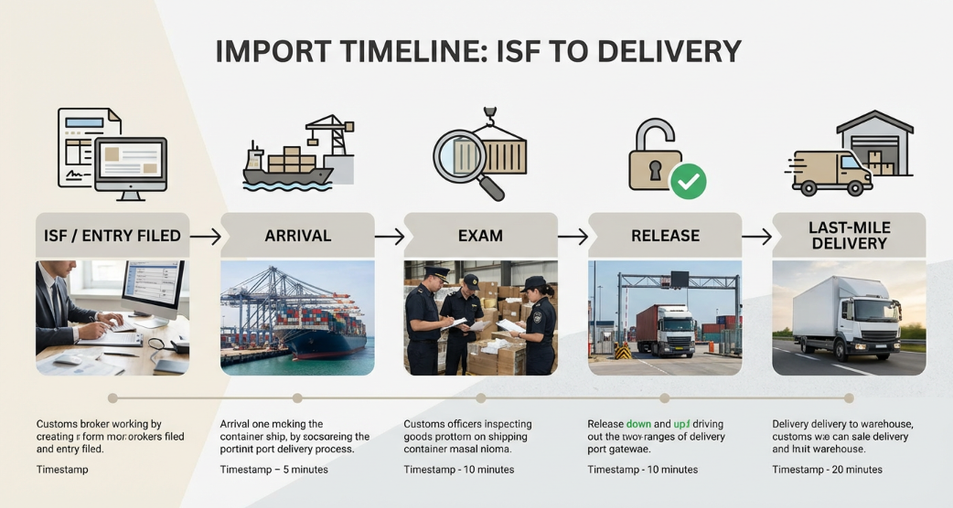 timeline infographic style&mdash;ISF/entry filed, arrival, exam, release, last-mile delivery; clean vector-meets-photo composite, neutral palette, high clarity