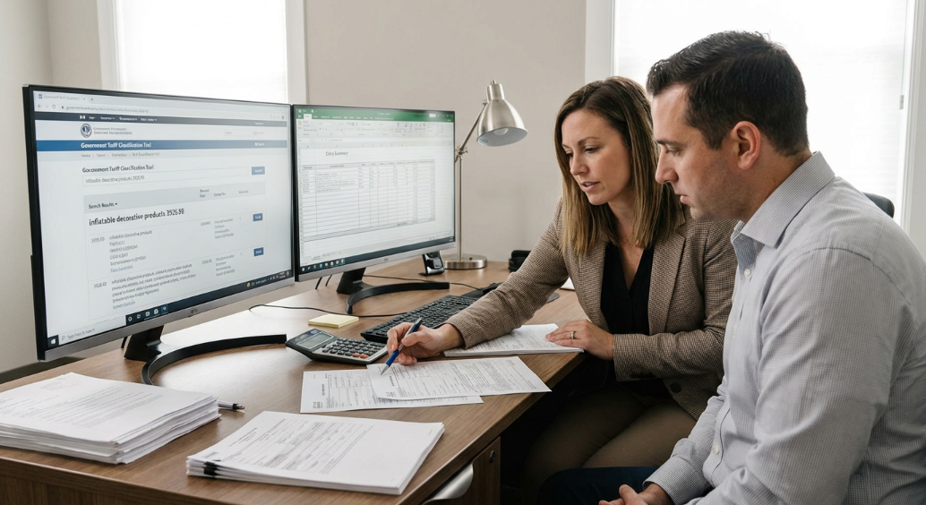 customs broker reviewing entry summary with importer; dual monitors showing tariff tool and entry lines, professional office, neutral tones, documentary style