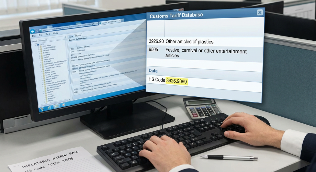 compliance specialist assigning HS code to inflatable decorative product; tariff screen zoomed on 3926.90 and 9505 categories, neutral office lighting, crisp UI close-up, realistic documentation