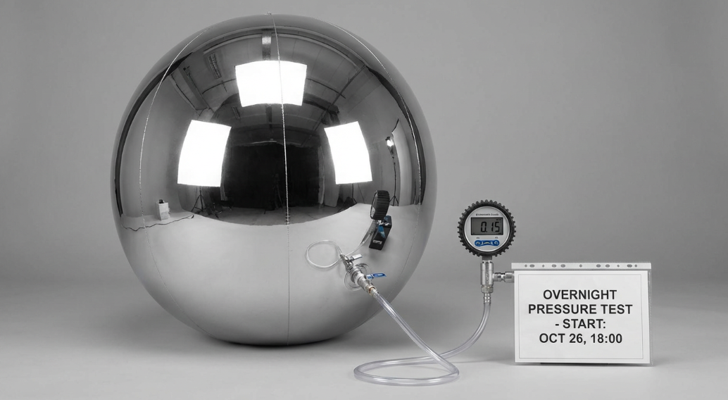 inflated mirror sphere connected to a digital pressure gauge; overnight test setup, timestamp card visible, neutral gray background, controlled reflections, technical QC style