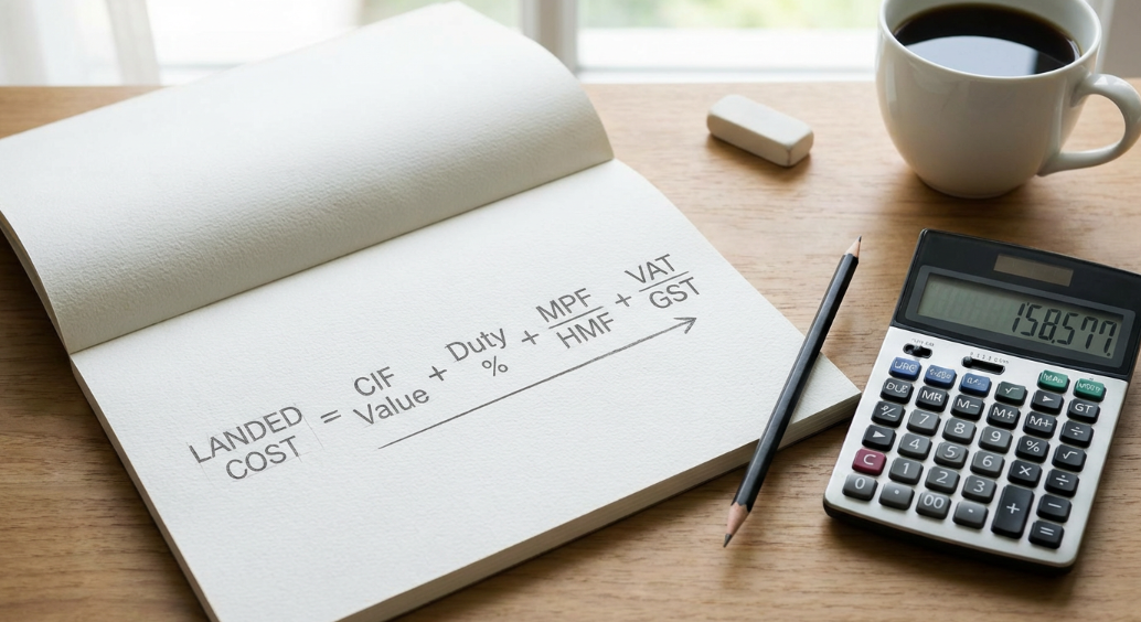 landed-cost formula sketched on notebook beside calculator; CIF value, duty %, MPF/HMF, VAT/GST arrows; clean top-down shot, soft daylight, high detail