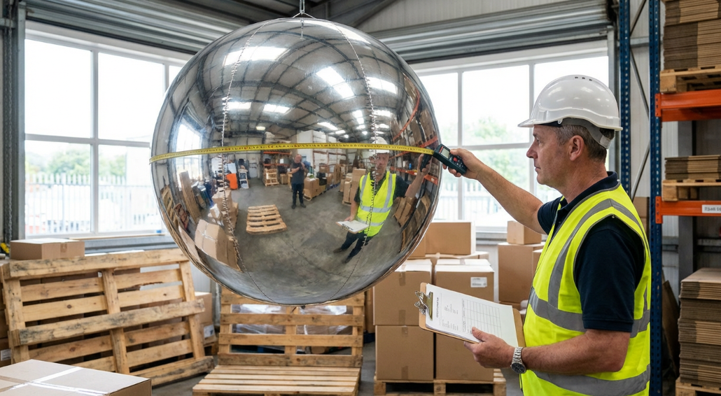 third-party inspector measuring a large chrome inflatable in warehouse; clipboard, laser distance meter, natural warehouse light, realistic color, professional scene